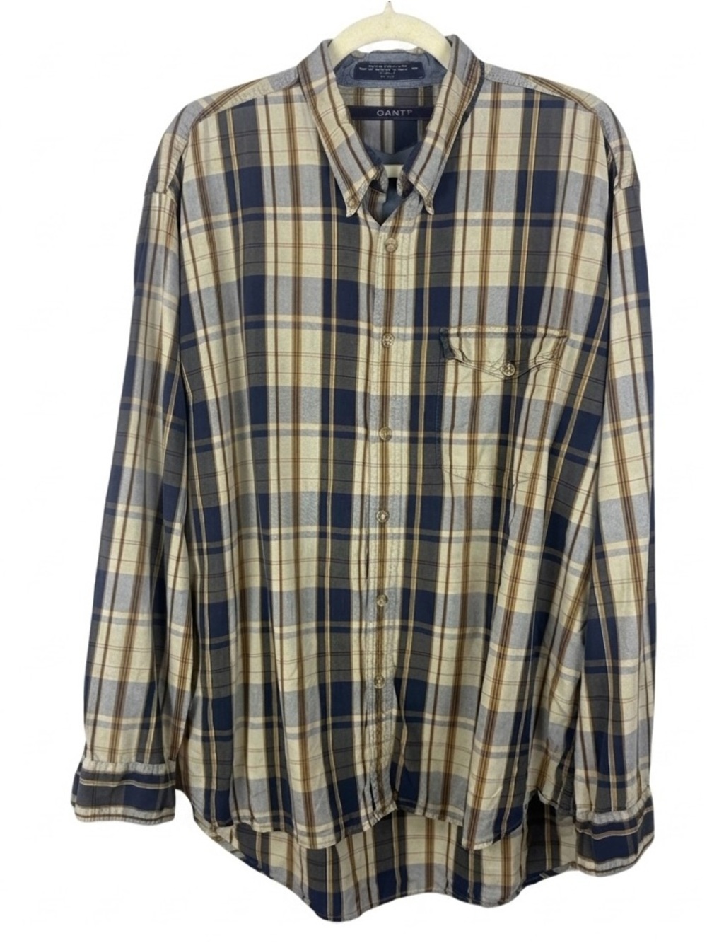 GANT Men XL Plaid Button Down Shirt Long Sleeve Cotton Pocket Preppy Navy Yellow
